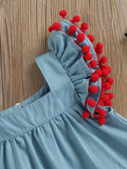 Baby Girls Cartoon Denim Dress with Pompom Trim