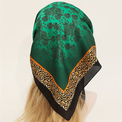 Green Leopard Print Bandana Satin Square Scarf