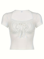 Square Neck Lace Stitching Casual Sports T-shirt