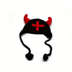 Funny Horn Cross Knit Hat Unisex Bull Horn Crochet Beanie Cap