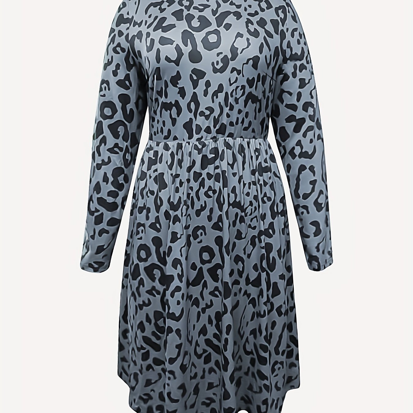 Leopard Print Long Sleeve Round Neck Stretch Dress