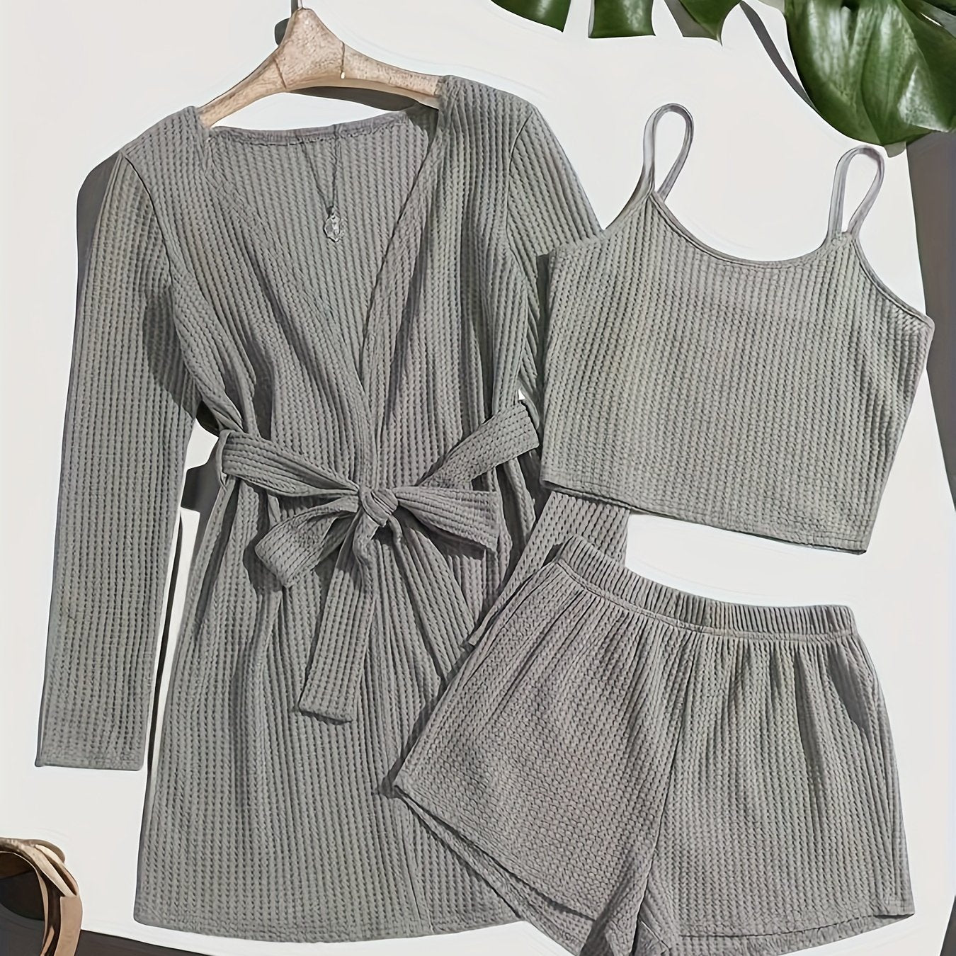 Solid Waffle Lounge Set Long Sleeve Robe & Crew Neck Cami Top & Shorts