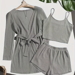 Solid Waffle Lounge Set Long Sleeve Robe & Crew Neck Cami Top & Shorts