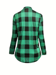 Gingham Print Button Long Sleeve Blouse