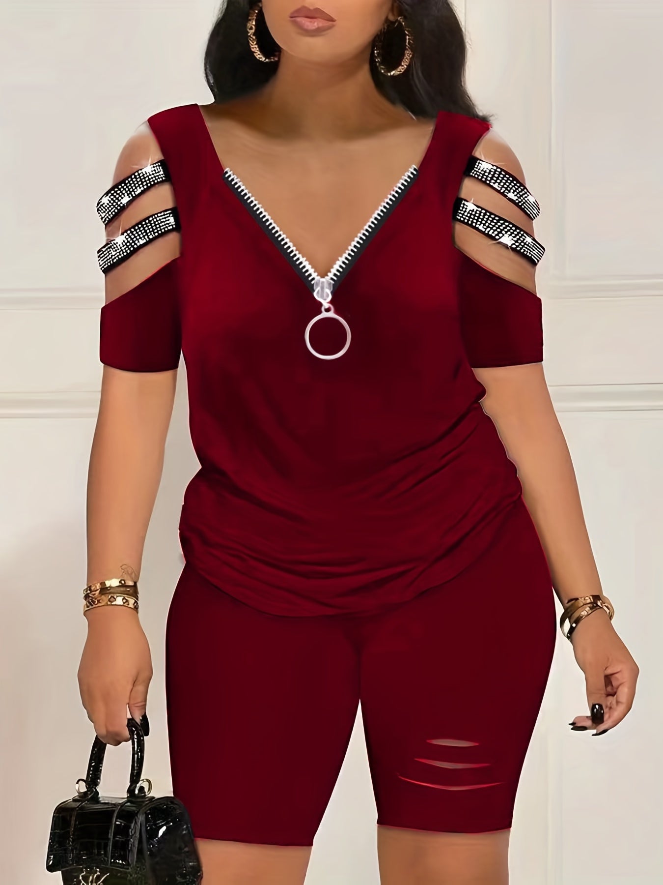 Plus Size Rhinestone Decor Cut Out Sleeve Top & Ripped Shorts Set
