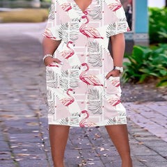Women's Plus Flamingo & Leaf Print V Neck Dress With Pockets