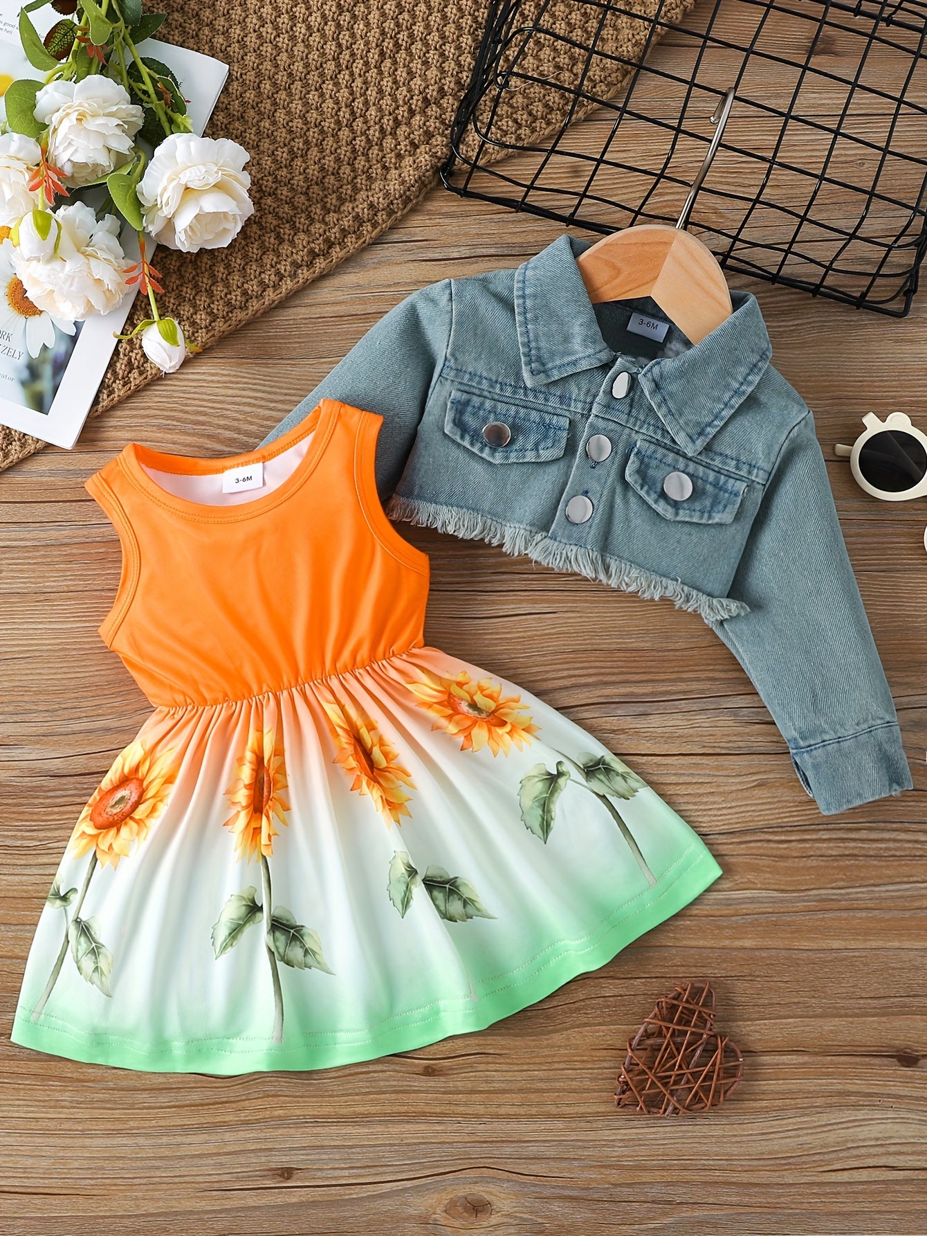 2pcs Baby Girls Dress & Denim Jacket Set
