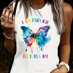 Butterfly Print Tank Top Sleeveless Crew Neck Casual Top