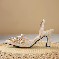 Pearl & Rhinestone High Heels Pointed Toe Slingback Pumps