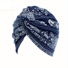Boho Print Pleated Turban Hat Striped Head Wrap Cross Knot Stretchy Hijab Beanie