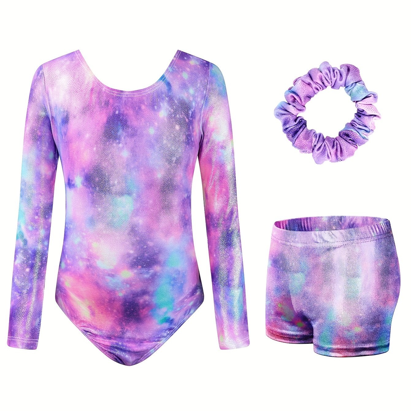3pcs Girls Tie Dye Mermaid Leotard Sets Long Sleeve Romper Shorts Hair Band