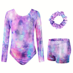 3pcs Girls Tie Dye Mermaid Leotard Sets Long Sleeve Romper Shorts Hair Band