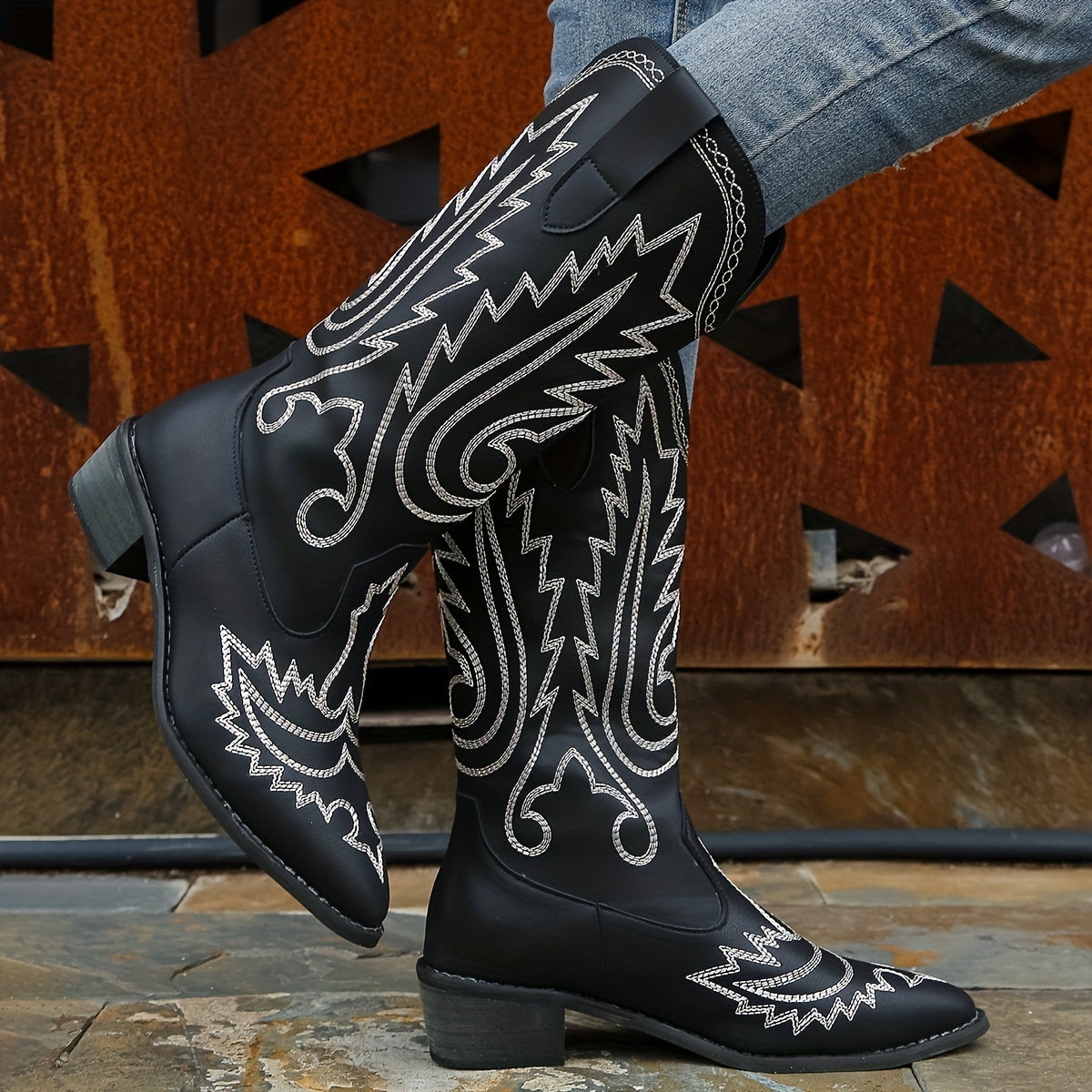 Women's Embroidered Western Boots Slip On Cowgirl Knight Boots