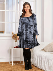 Women's Plus Tie Dye Long Sleeve Round Neck Loose Fit Mini Dress