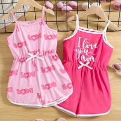 2pcs Toddler Girls Heart & Letter Graphic Cami Rompers For Summer