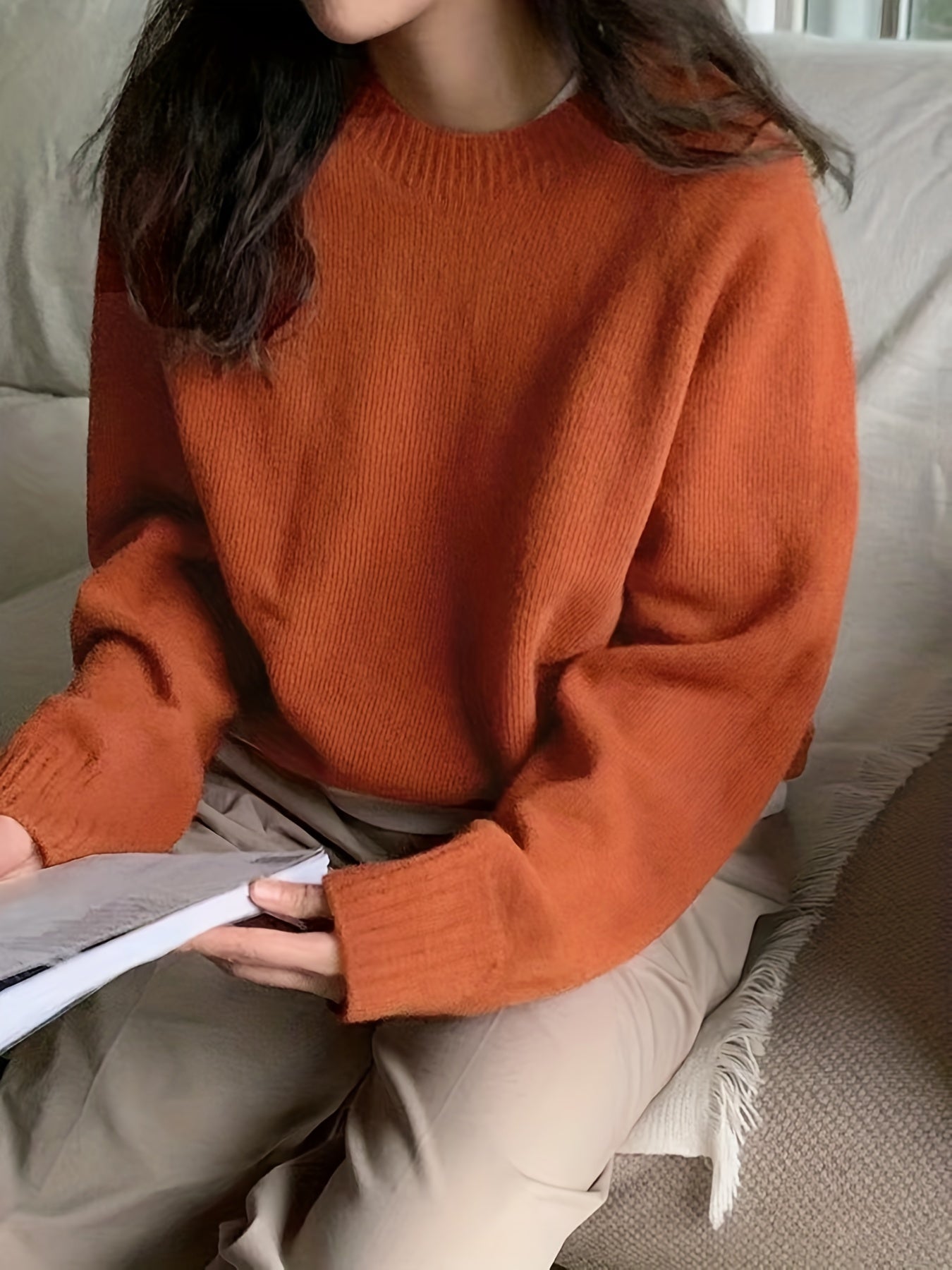 Casual Sweater Women's Plus Solid Long Sleeve Round Neck Pullover