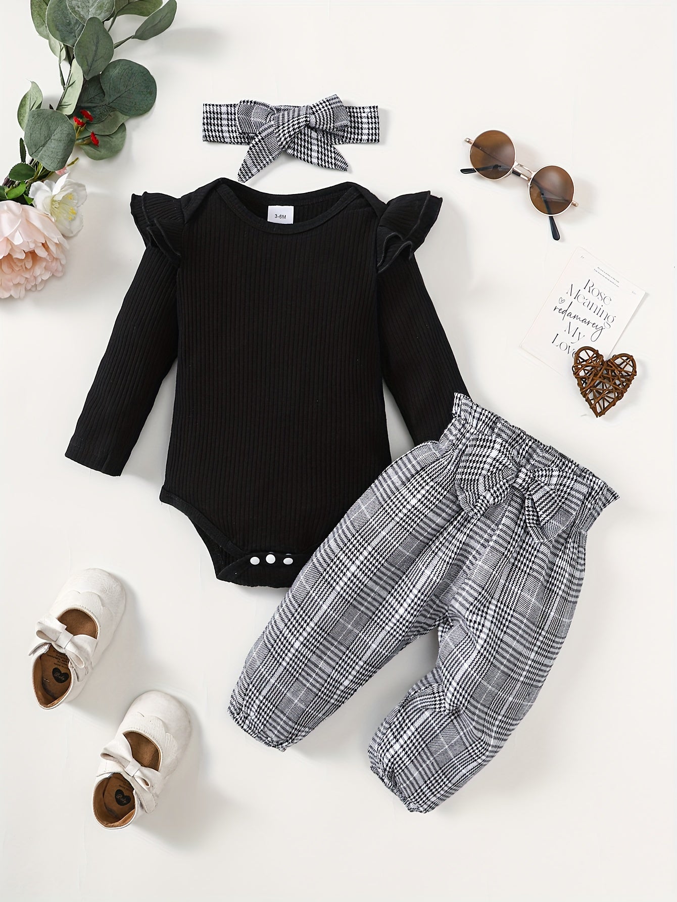 Baby Girls Long Sleeve Romper Top Plaid Trousers Set