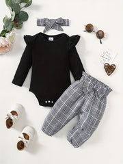 Baby Girls Long Sleeve Romper Top Plaid Trousers Set