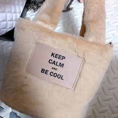 Mini Fuzzy Bucket Bag with Letter Patch - Winter Shoulder Crossbody Purse