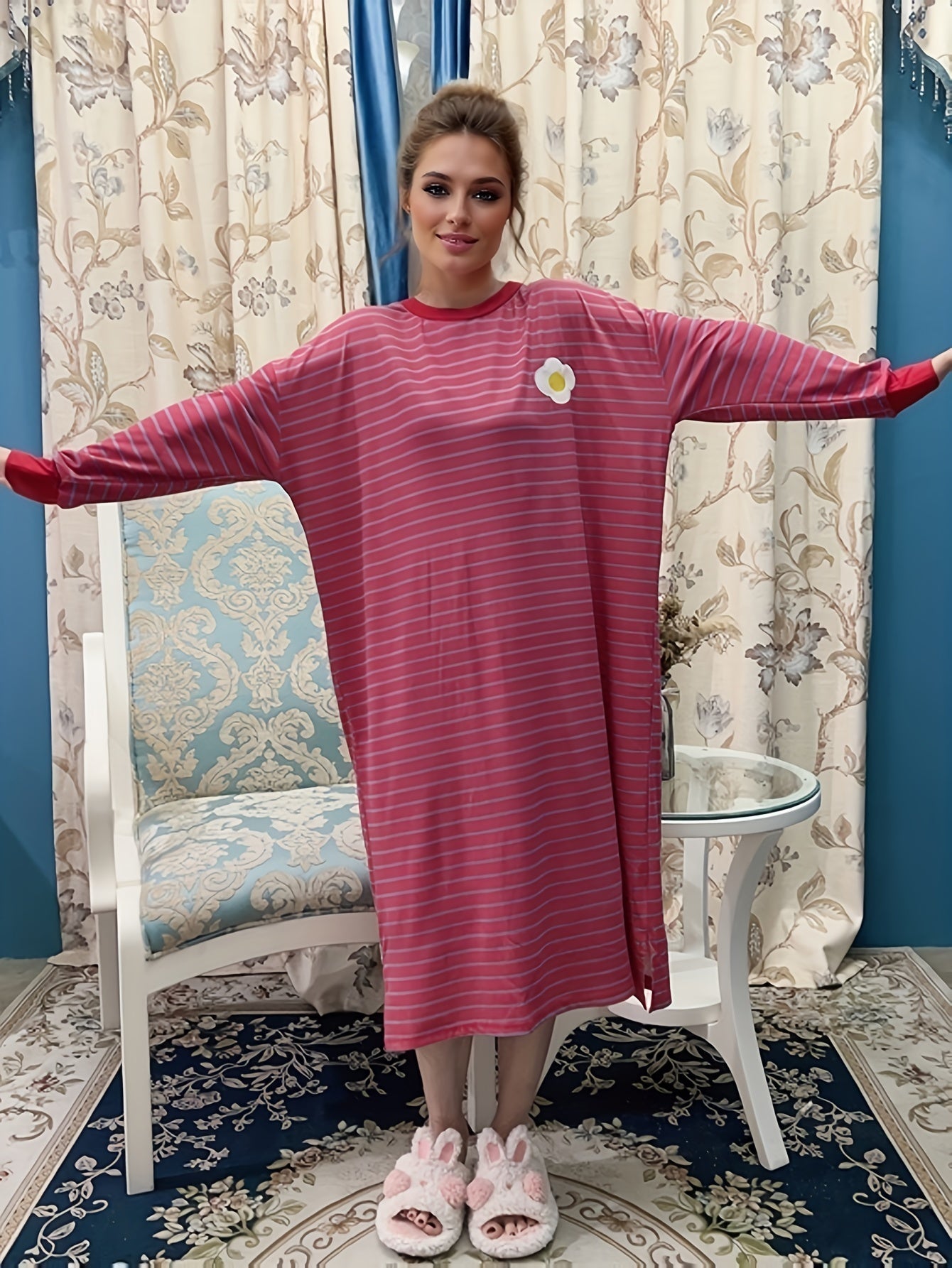 Flower Pattern Lounge Dress Long Sleeve Striped Home Dress Women's Loungewear