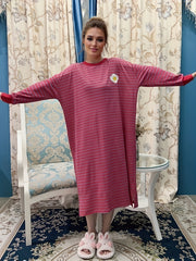 Flower Pattern Lounge Dress Long Sleeve Striped Home Dress Women's Loungewear