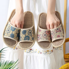 Women's Floral Linen Slides Open Toe Rattan Flat Shoes