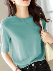 Half Sleeve Knit Sweater Crew Neck Solid Sweater For Spring & Summer