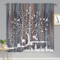 Elk & Wood Plank Trees Pattern Curtains Rod Pocket Semi Blackout Window Curtains