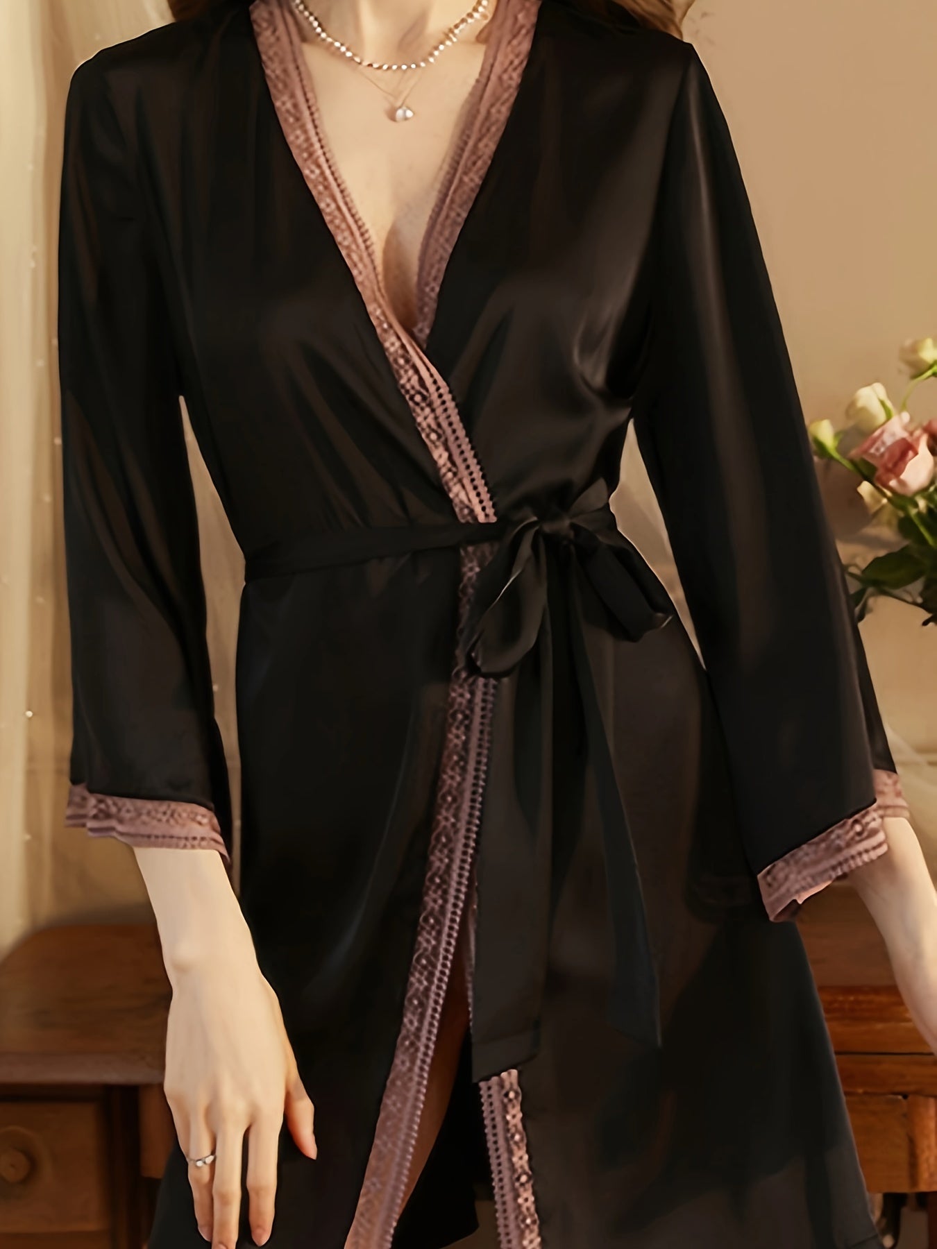Lace Stitching Lounge Robes V Neck Long Sleeve Home Robe Women's Loungewear