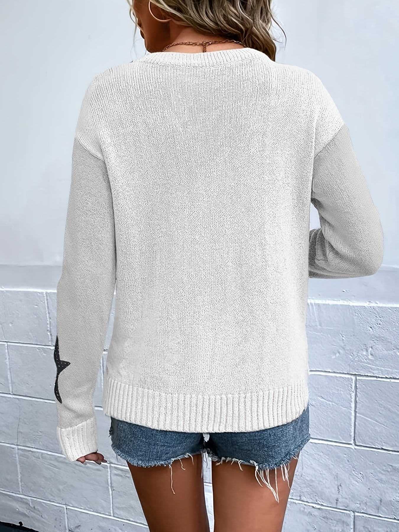 Star Pattern Crew Neck Pullover Sweater for Women