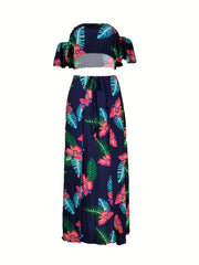 Tropical Print Crop Top & Side Slit Maxi Skirt Set