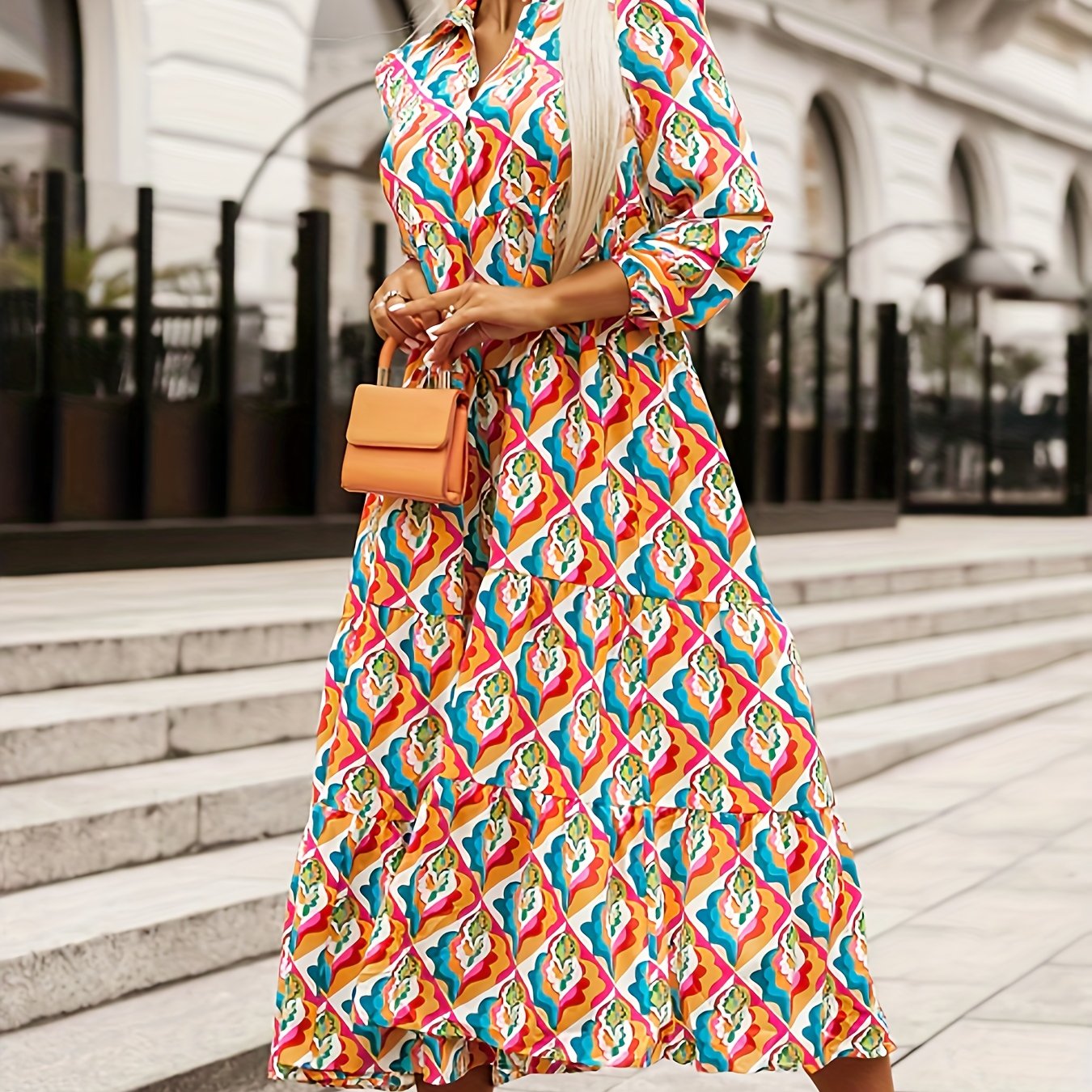 Floral Print Long Sleeve Midi Shirt Dress