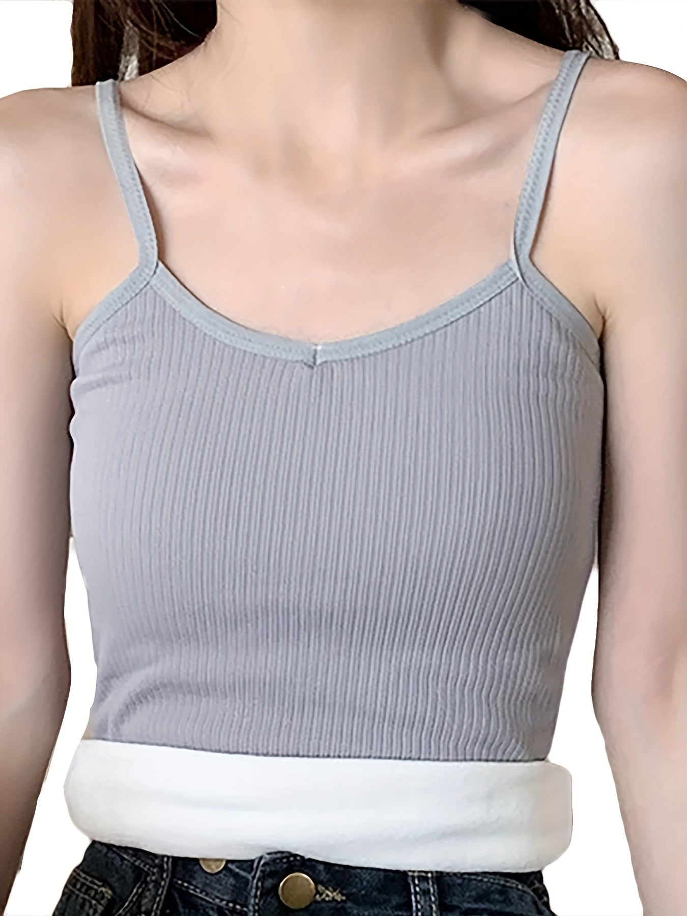 Solid Ribbed Thermal Underwear Top Soft V Neck Plush Cami Top Women's Lingerie