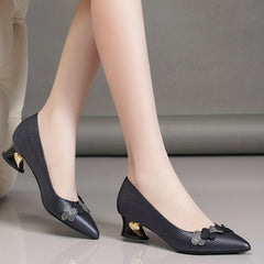 Rhinestone Chunky Heel Point Toe Work Pumps