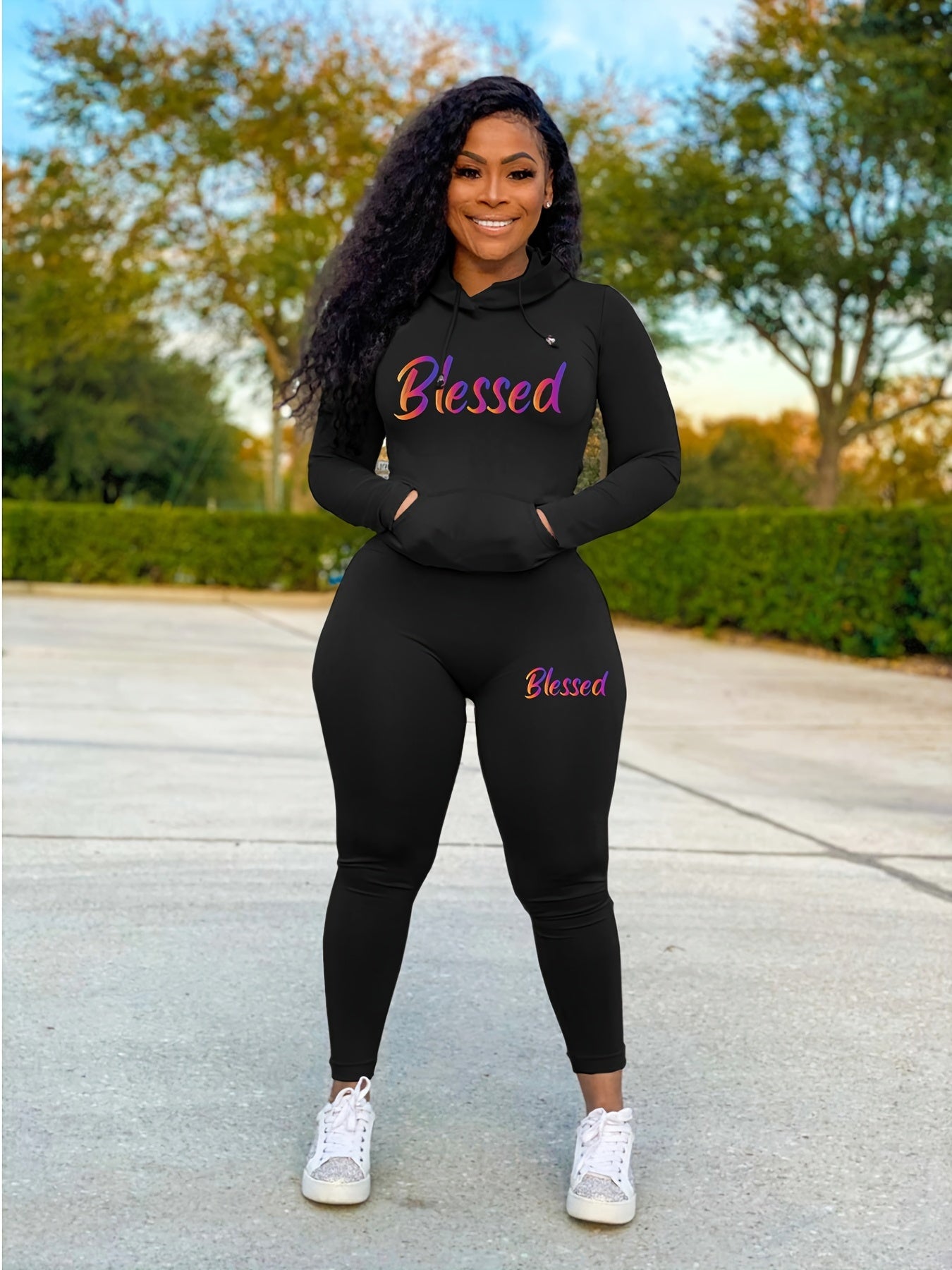 Blessed Print Two piece Set Long Sleeve Drawstring Hoodies & Skinny Pants