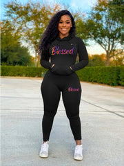 Blessed Print Two piece Set Long Sleeve Drawstring Hoodies & Skinny Pants