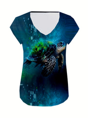 Turtle Print V neck Tank Top Cap Sleeve for Women