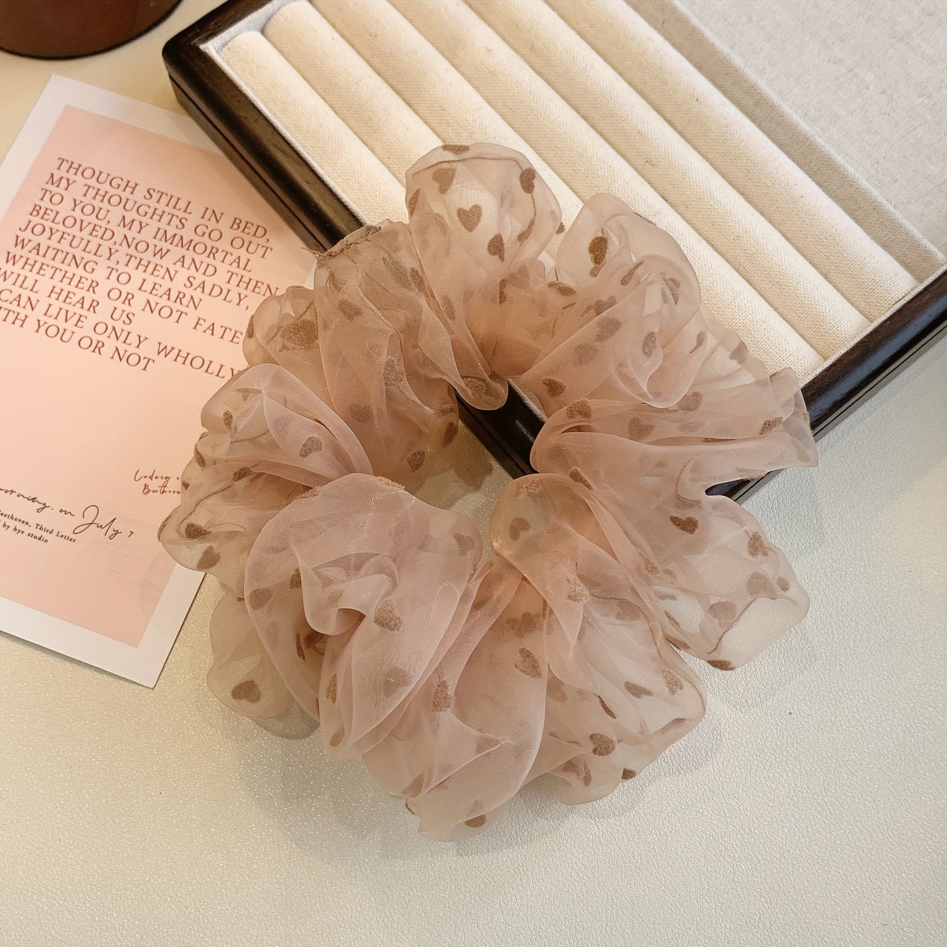 3pcs Heart Print Scrunchies Hair Tie Organza Hair Rope Style Hai