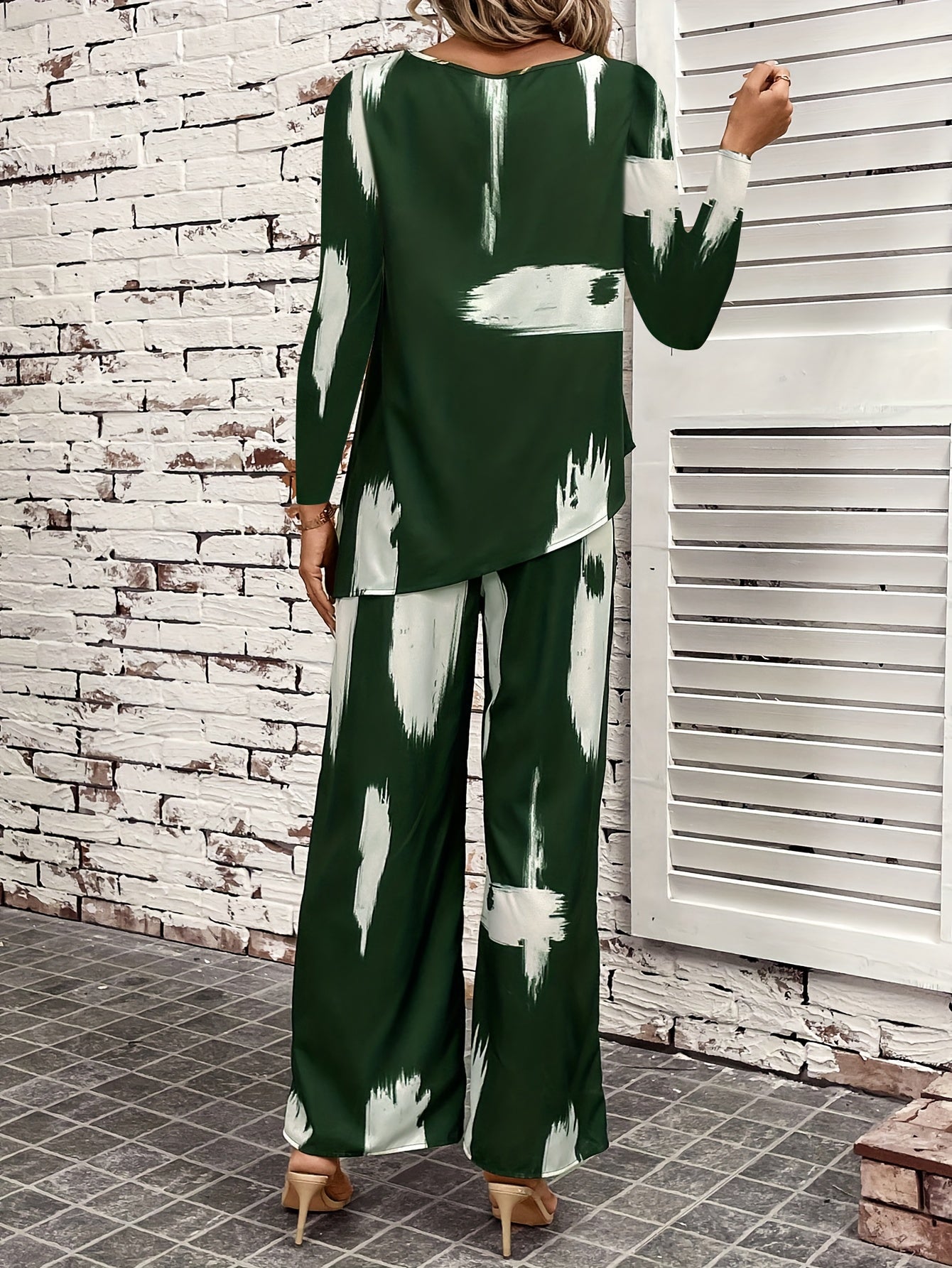 Brush Print Top & Wide Leg Pants 2 Piece Set