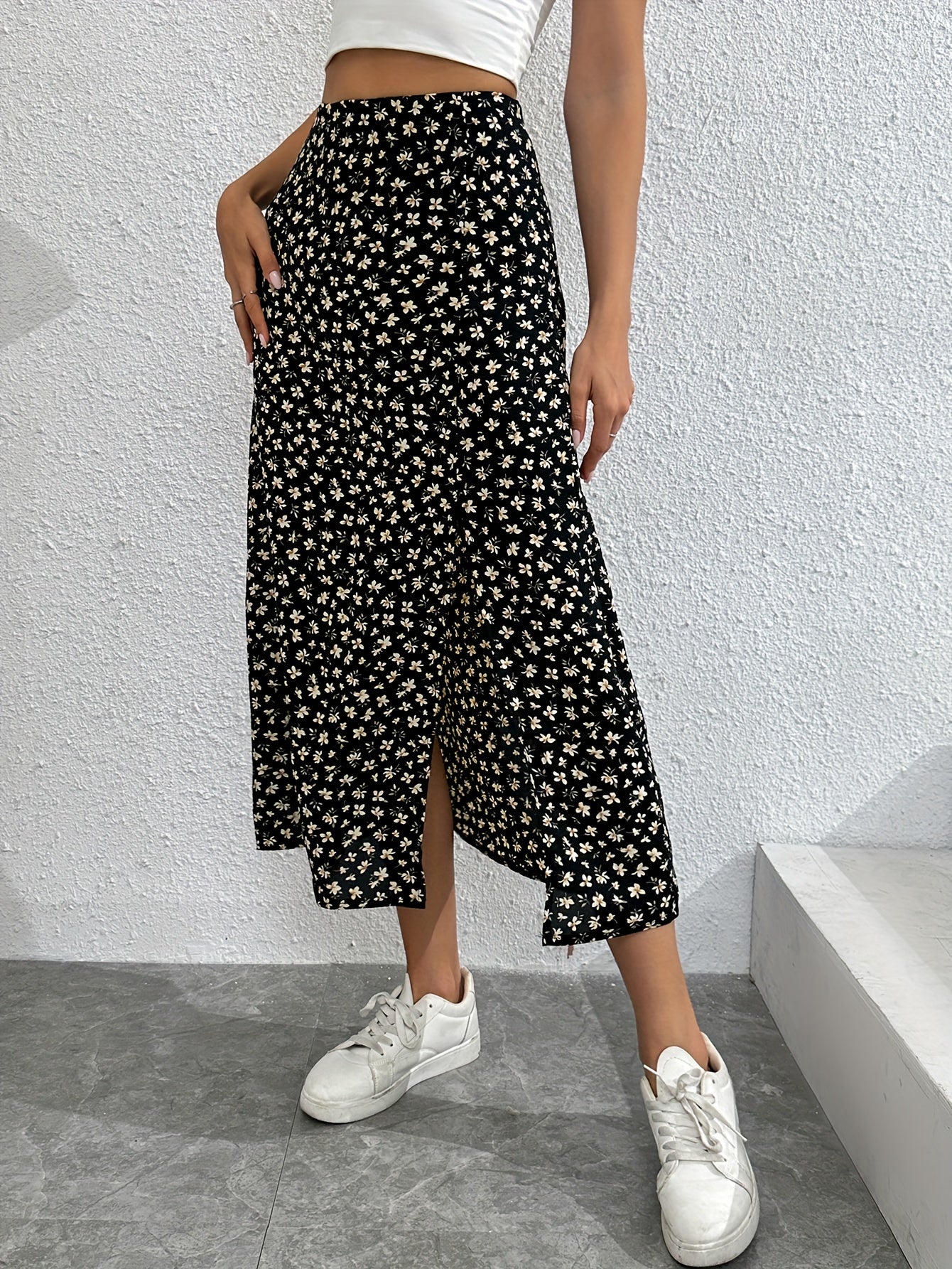 Floral Print Split Skirt High Waist