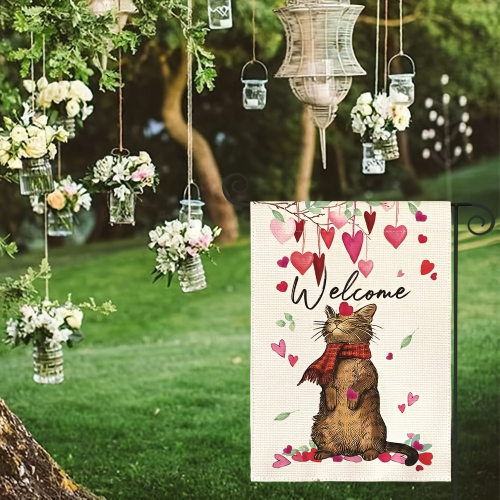 Love Heart Cat Valentines Garden Flag Double Sided Decor Outdoor
