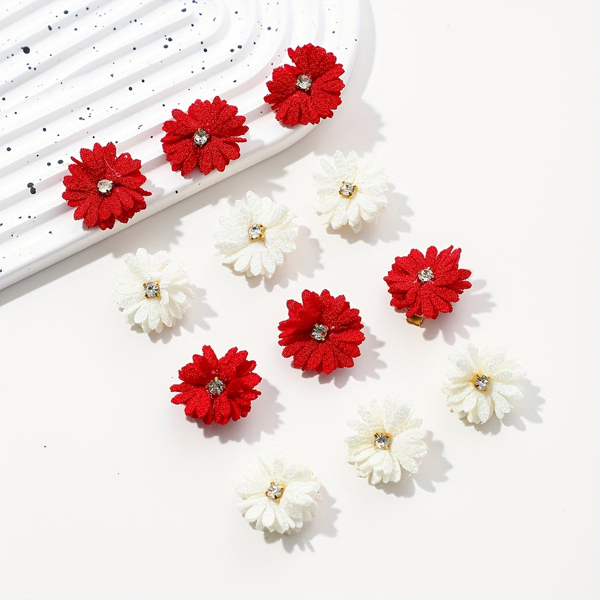 6 Pack Fabric Flower Hair Clips Set with Rhinestones