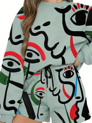 Women's Plus Abstract Print Sweatshirt & Tie Shorts Two Piece Set