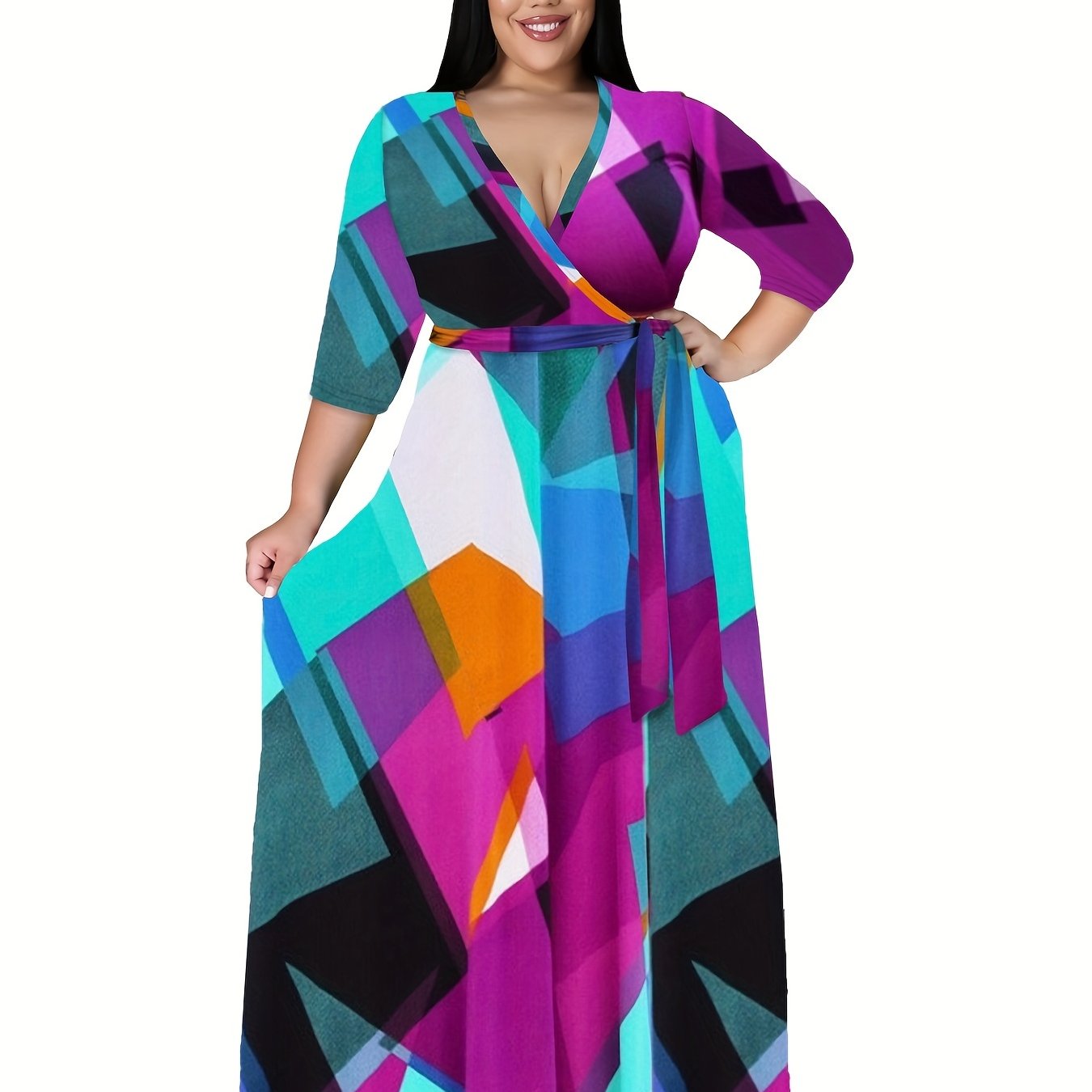 Colorblock Geometric Print Maxi Dress