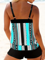 Geometric & Striped Tankini Set Round Neck Swimsuit Women's S