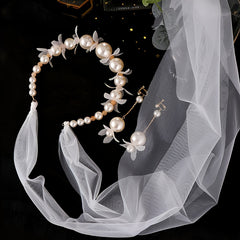 Vintage Bridal Pearl Flower Headband with Veil