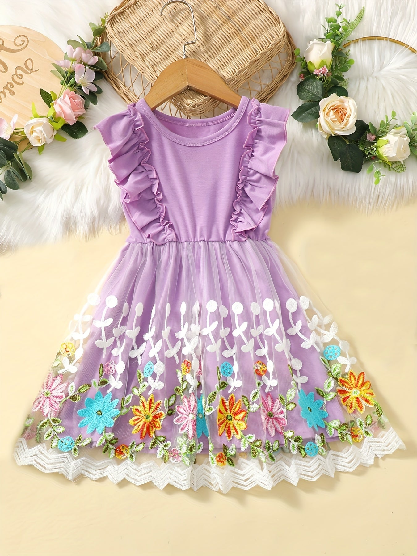 Toddler Girls Sleeveless Ruffle Trim Floral Embroidery Mesh Princess Dress