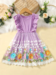 Toddler Girls Sleeveless Ruffle Trim Floral Embroidery Mesh Princess Dress