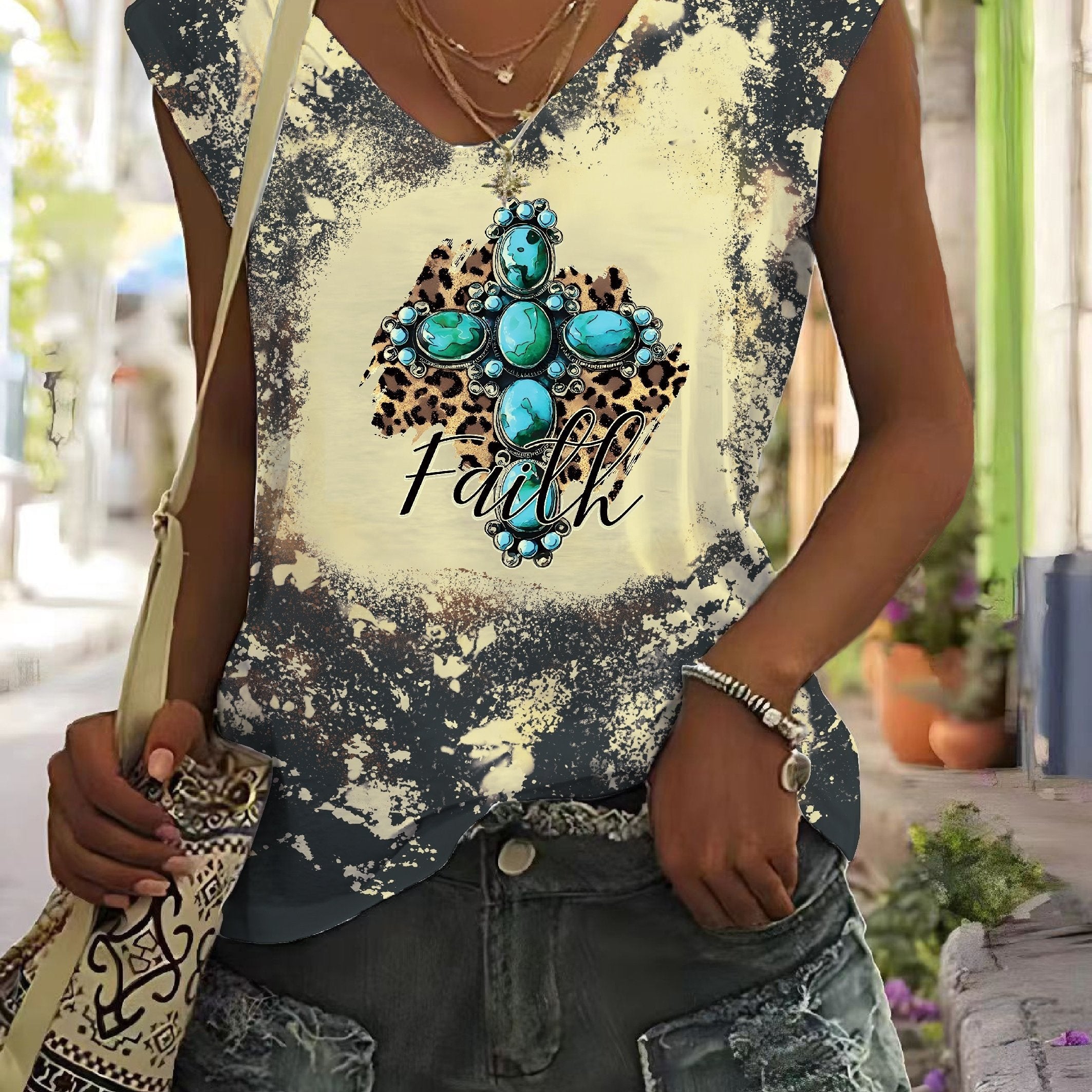 Faith Letter Print Tank Top Vintage V Neck Summer Sleeveless Tank Top