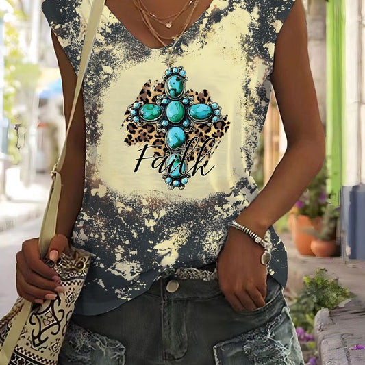 Faith Letter Print Tank Top Vintage V Neck Summer Sleeveless Tank Top